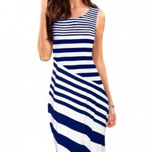 Woman Midi Dress Navy White Striped Sleeveless Mid